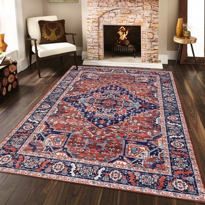 Vintage Boho Area Rug, Washable Print Distressed Rug Non Slip Low Pile Floor Carpet Indoor for Living Room Bedroom