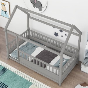 Lyngins Kids' Floor Bed Frame with Wooden House Roof & High Fence Guardrails, Pine Wood Twin Size Toddler Bed/Child Bed, Easy Assembly - 1 of 4
