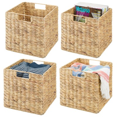 mDesign Woven Hyacinth Bin Basket Organizer with Handles, 4 Pack - Natural, 10.5 x 10.5 x 10.5