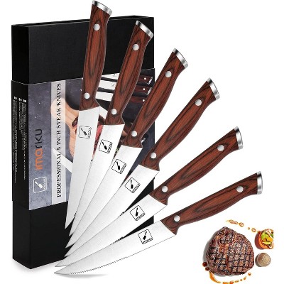 imarku Steak Knives, Serrated Steak knives Set of 6, Japanese HC Steel Knife Set, Premium Serrated Carbon Stainless Steel Steak Knife, Silver