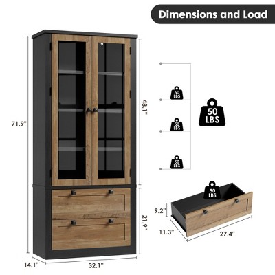 Garvee 72" Tall Kitchen Pantry Cabinet with 2 Drawers, Farmhouse Kitchen Cupboard with Glass Doors and Adjustable Shelves, for Dining Room, Black + Brown — фото 2