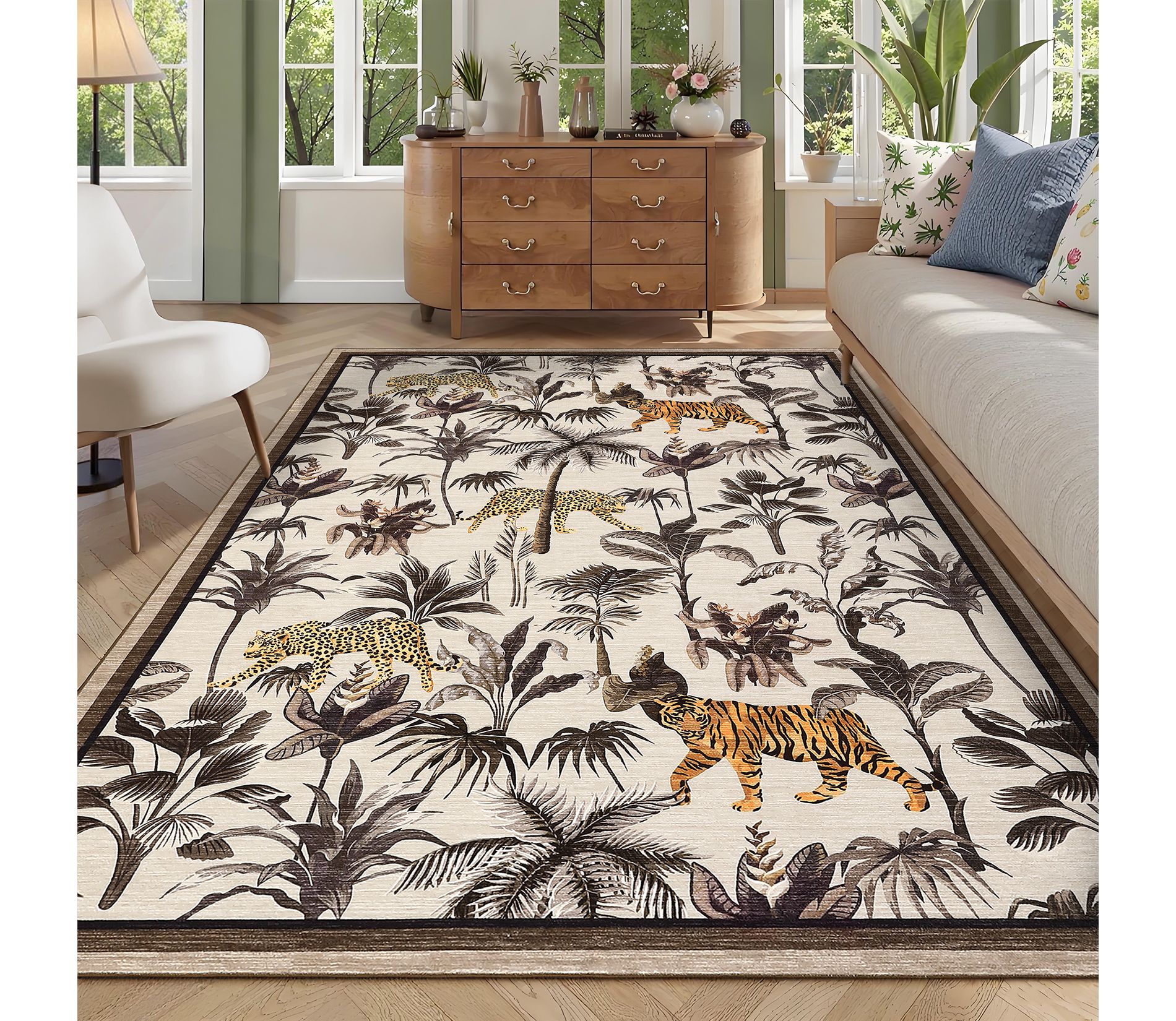 Pastoral Jungle Tigers Leopards Area Rug Non Slip Low Pile Pet Friendly Ultra Thin Stain Resistant Carpet for Kitchen Living Room Bathroom Playroom
