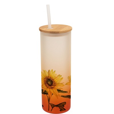 Elanze Designs Happy Yellow Sunflowers Flower Garden Wrap-Around Design 25 Ounce Frosted Gradient Glass On-The-Go Coffee Travel Skinny Tumbler Mug