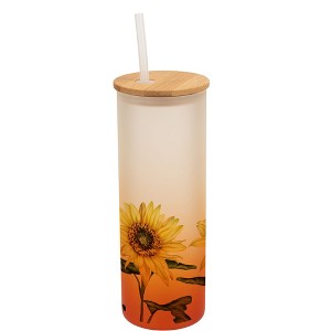 Elanze Designs Happy Yellow Sunflowers Flower Garden Wrap-Around Design 25 Ounce Frosted Gradient Glass On-The-Go Coffee Travel Skinny Tumbler Mug - 1 of 1