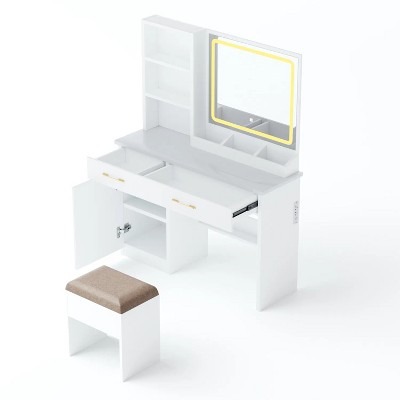 32'' Wide Makeup Vanity Desk with Lighted Mirror and Power Outlet, Dressing Table with Large Storage Space