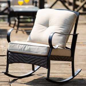 Moda Furnishings W25 In. Outdoor Metal Wicker Rocking Chair With Beige Cushions - 1 of 4