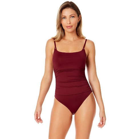 Anne Cole Women's Live In Color Shirred Lingerie Maillot One Piece - Wine 6