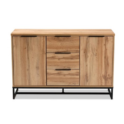 Reid Oak and Black Metal 3-Drawer Sideboard Buffet