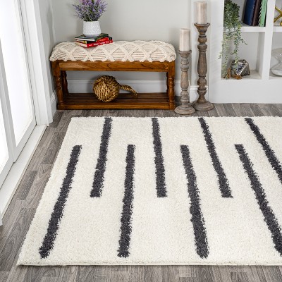 Alaro White and Gray Striped Shag Area Rug