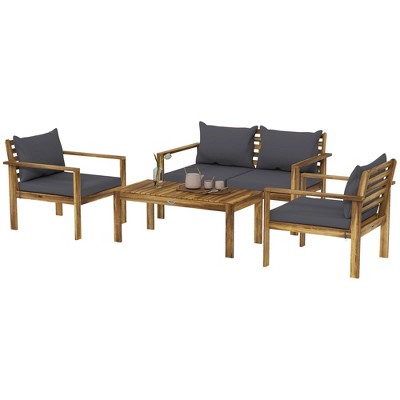 Acacia Wood 4-Piece Outdoor Patio Set with Gray Cushions