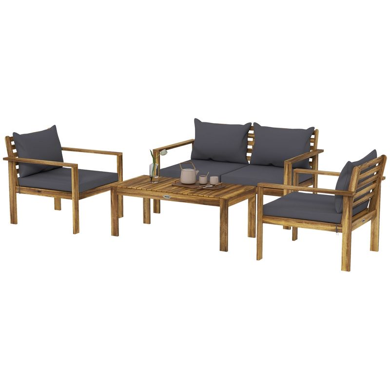 Outsunny 4 Piece Wood Outdoor Furniture Set, Patio Sofa Set with Cushions, Table for  Backyard Lawn Porch, Gray, 4 of 7