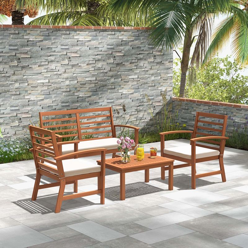 Costway 4 PCS Outdoor Furniture Set with Soft Seat Cushions Stable Acacia Wood Frame White/Navy/Gray, 1 of 10