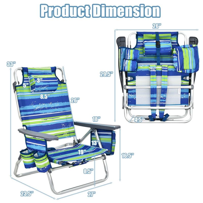 Costway 4PCS Folding Backpack Beach Chair Reclining Camping Chair with Storage Bag Blue/Pink//Pattern/Yellow, 3 of 11