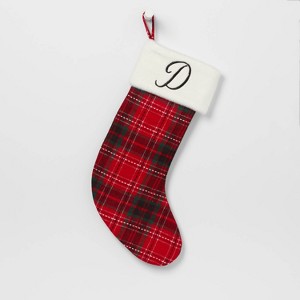 20" Plaid Monogram Christmas Holiday Stocking with Faux Fur Cuff Red/Green/White - Wondershop™ - 1 of 3
