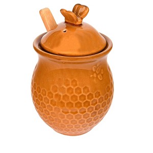 Storied Home Yellow with Decorative Bees Stoneware Honey Jar with Lid & Wood Honey Dipper (Set of 2 Pieces) - 1 of 4
