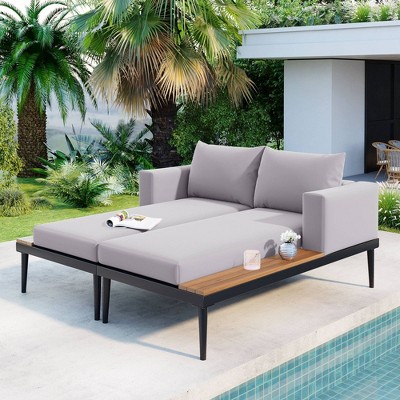 Nestfair Metal Outdoor Patio Day Bed 2 in 1 Chaise Lounges with Cushions Gray