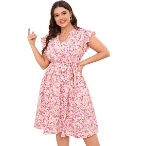 Plus Size Womens V Neck Ruffled Hem Short Sleeve Casual Summer Midi Dress with Belt - 1 of 4