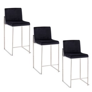 LumiSource Set of 3 Fuji High Back Counter Height Barstools Stainless Steel/Black - 1 of 4