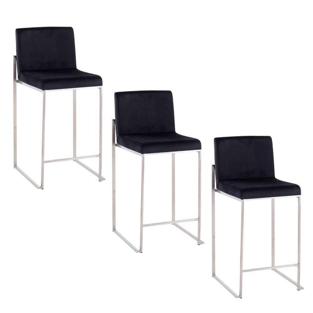LumiSource Set of 3 Fuji High Back Counter Height Barstools Stainless Steel/Black
