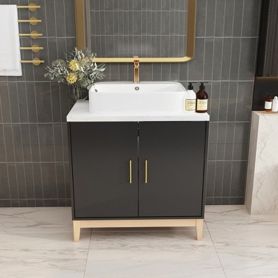 FUFU&GAGA Black Bathroom Vanity Ceramic Washbasin Solid Wooden Cabinet Feet