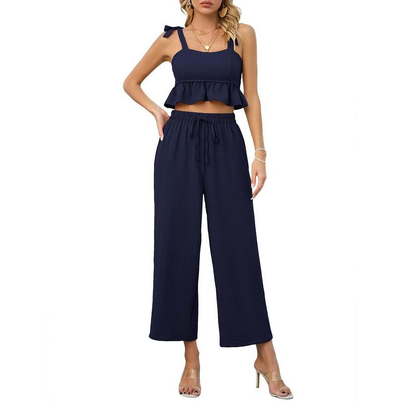 Women's 2 Piece Tracksuit Sleeveless Square Neck Linen Tank Crop Top Wide Leg Pants Matching Sets Summer Outfits, 1 of 9