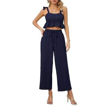 Women's 2 Piece Tracksuit Sleeveless Square Neck Linen Tank Crop Top Wide Leg Pants Matching Sets Summer Outfits
