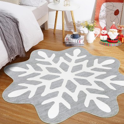 Christmas Round Snowflake Pattern Rug, Washable Non Slip Low Pile Stain Resistant Carpet for Living Room Bedroom Dining Room Classroom Office Nursery