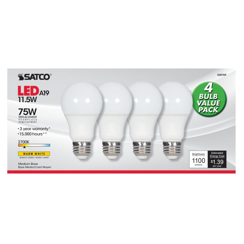 Satco Type-A A19 E26 (Medium) LED Bulb Warm White 75 Watt Equivalence 4 pk, 1 of 2