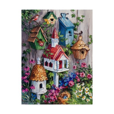 Colorful Birdhouses and Flowers Canvas Art in 14x19