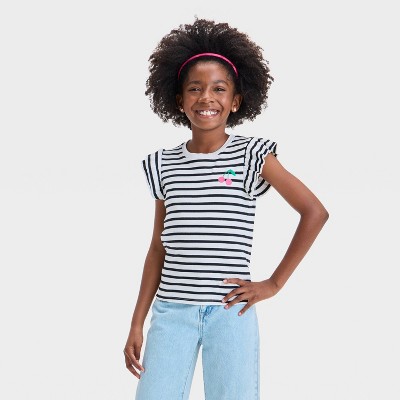 Girls' Short Ruffle Sleeve Striped Ribbed T-Shirt - Cat & Jack™ Black/Cream M