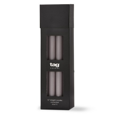 TAG Color Studio 12" Straight Taper Unscented Smokeless Paraffin Wax Candle Grey, Burn Time 12 hrs. Set 12