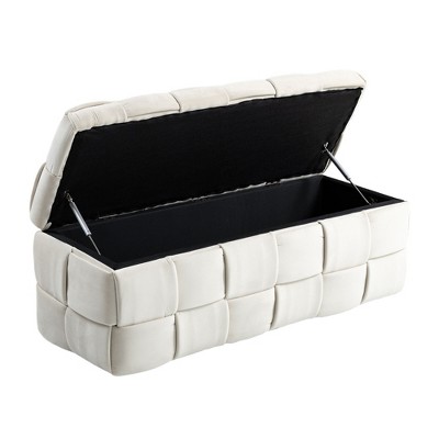 VYNXARIA Exquisite Beige Velvet Storage Footstool for Bedroom with Safety Hinges
