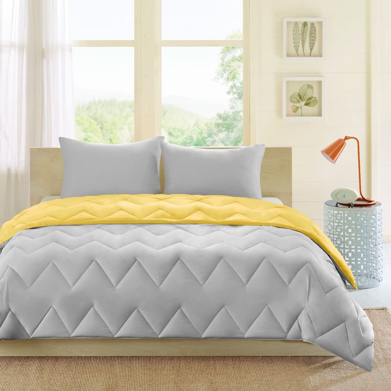 Gray/Yellow Penny Reversible Down Alternative Comforter Mini Set Full/Queen 3pc, 6 of 15