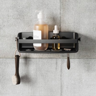 Black Plastic Suction Mount Shower Caddy with Adhesive Strips