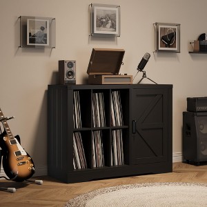 Farmhouse Record Player Stand Cabinet with Door Wooden Storage Rack with Holder Shelves Fits 750 Albums CD DVD Table for Living Room, Black - 1 of 4