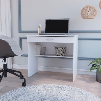 INFURNIC Desks Modern Writing Workstation Computer Desk with Drawer and Lower Shelf for Home Office or Study, White, 19.6"*31.4"*29"