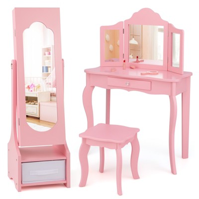 Infans Kids Vanity Set Princess Makeup Dressing Table & Chair Set w/ Jewelry Armoire