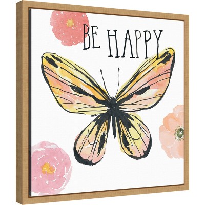 Be Happy Pastel Yellow and Pink Butterfly Canvas Print with Brown Frame