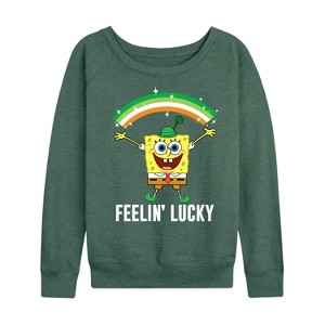 Women's - SpongeBob SquarePants - Lucky Rainbow Lightweight French Terry Wide Neck Long Sleeve Shirt - 1 of 4