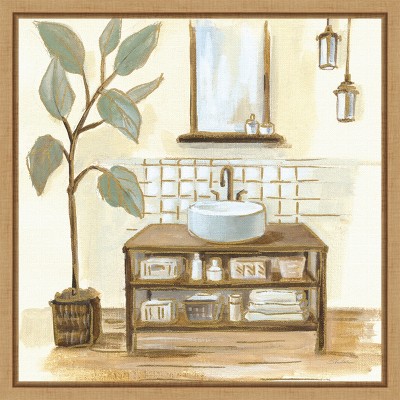 Sage Bathroom II Framed Canvas Wall Art Print 16 x 16