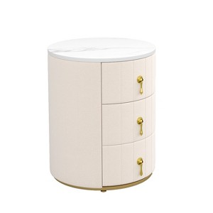 Gulches Beige Upholstered 3-Drawer Nightstand - Round Bedside Table with Gold Metal Handles & Marbling Top, Fully Assembled - 1 of 4