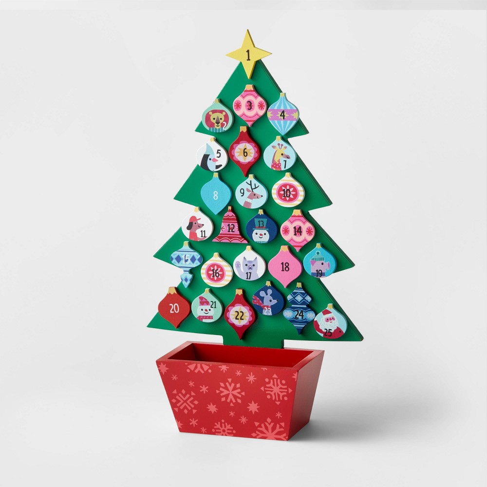 16" Wood Christmas Tree with Ornaments Advent Calendar Green - Wondershop