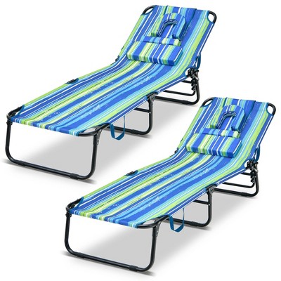 Tangkula 2PCS 5-Position Lounge Chair Adjustable Beach Chaise w/ Face Cavity & Pillows