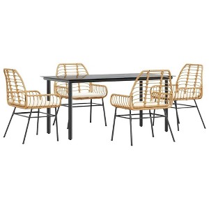 vidaXL 5-Piece Patio Dining Set - Poly Rattan Garden Table & Chairs, Cushions, Glass Top, Outdoor Furniture - Black/Brown - 1 of 4