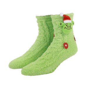 Shrek Plush Santa Shrek Head Women's Green Chenille Crew Socks - 1 of 4