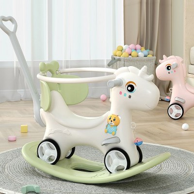 Rocking Horse for Toddlers, Balance Bike Ride On Toys with Push Handle, Backrest and Balance Board for Baby