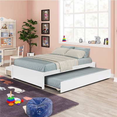 TiramisuBest Full Size Wood Platform Bed Frame with Headboard and Twin Trundle, Space-Saving Design in Grey Finish