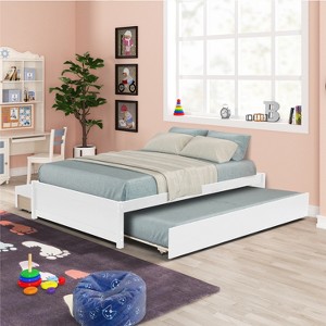 TiramisuBest Full Size Wood Platform Bed Frame with Headboard and Twin Trundle, Space-Saving Design in Grey Finish - 1 of 4