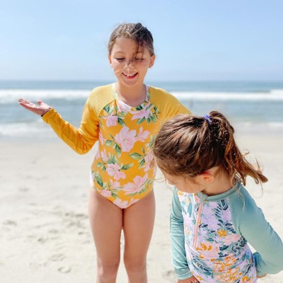 Girls Floral Print Long Sleeve Back Zip One Piece Rash Guard Art Class Yellow Target