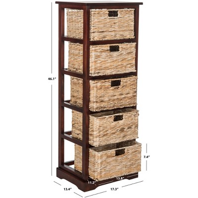 Cherry Pine 5-Drawer Wicker Basket Storage Tower